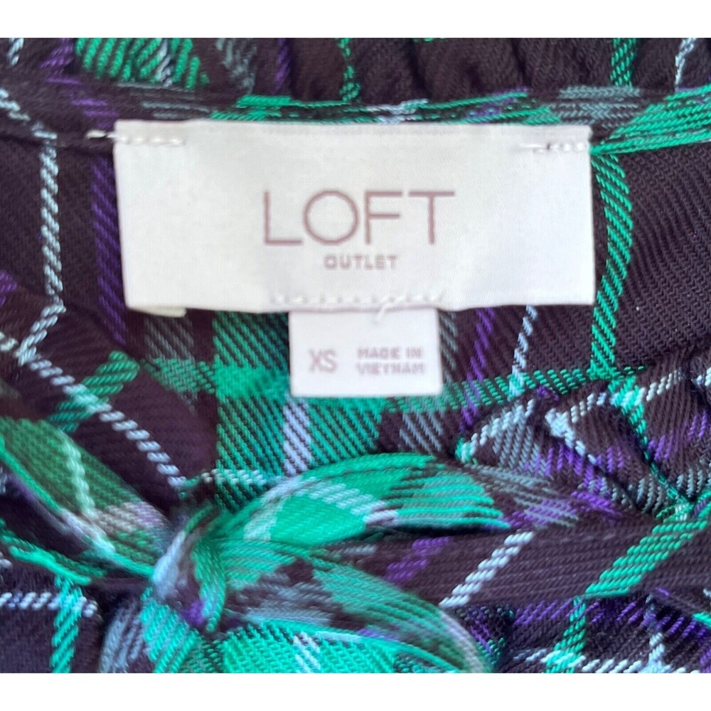 LOFT Tartan Plaid Puff Sleeve Tiered Dress Womens XS Green Blue Modern Grunge - Picture 7 of 12